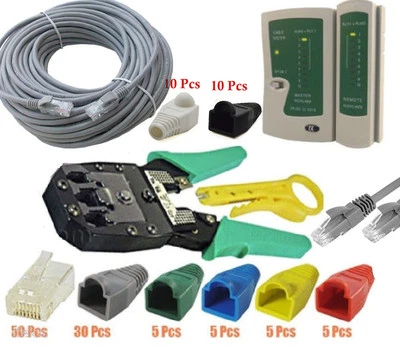 50M Cat5e Ethernet Network RJ45 Cable Tester Crimping Tool Kit Boots Connectors - Image 1 of 4