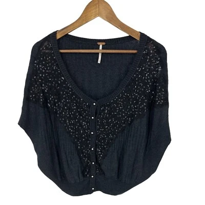 Кардиган с коротким рукавом Free People Racing Star черный кружевной с блестками вышивка размер M - Изображение 1 из 4