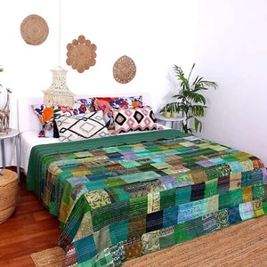 Indian Vintage Silk Patola Saree Patchwork Multi Kantha Quilt Bedspread Blanket - Picture 1 of 4