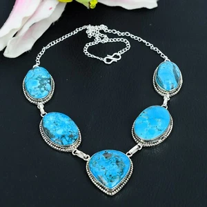 Tibetan Turquoise Gemstone Handmade Jewelry 925 Sterling Silver Necklace - 18" - Picture 1 of 4