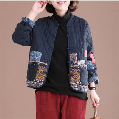 Women Warm Coat Ethnic Floral Cotton Padded Quilted Embroidered Jacket Tang Tops - Image 1 of 4