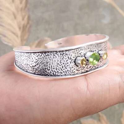 Peridot Cut & Citrine Topaz Gemstone 925 Sterling Silver Cuff Bracelet For Men's - Image 1 of 4
