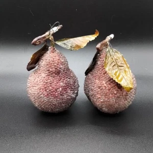 Vintage Sugar Beaded Pear Faux Fruit Christmas Ornaments Set Of 2 - Picture 1 of 11