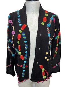 Michael Simon Sweater SZ 1 Embroidered Beads & Buttons Covered Button Front - Picture 1 of 13