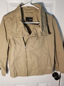 Y2K Hurley Denim Jeans Moto Jacke Damen Größe M Bomber hellbraun Vintage Zip Skater - Bild 1 von 8
