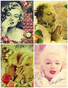 Old Hollywood Set of 4 Marilyn Monroe Ephemera Collage #2 Cotton FABRIC Blocks - Picture 1 of 1