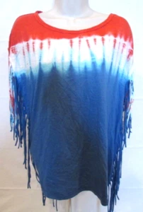 New Directions Weekend Flag Dip Women's Medium Red White Blue Fringe Shirt NWT - Picture 1 of 8