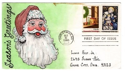 #1842-43 Christmas FDC 1980 - Herman Maul Hand-painted Santa - Image 1 of 2