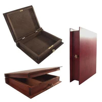 Hand-stained Shallow Wooden Book Box Key Lock Keepsake Jewellery Trinket Holder - Image 1 of 4