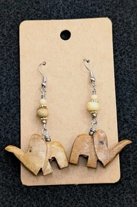 Hand Carved Wooden Elephant Dangle Earrings Boho Tribal Safari Animal Jewelry - Picture 1 of 8
