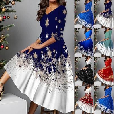 Ladies Christmas Long Swing XMAS PRINTED Party V-neck Fancy Dress PLUS SIZE 6-24 - Image 1 of 4