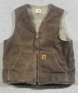 Carhartt Vest Mens M Dark Brown V26 DKB Sherpa Lined Faded Stained Workwear - Picture 1 of 8