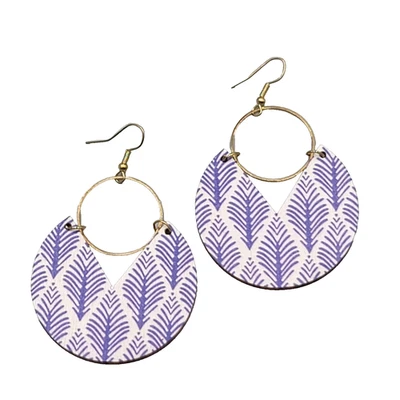 Purple Design Wood Statement Pierced Earrings Gold tone Dangle 2.25" - Image 1 of 4