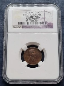 1922 NO D Lincoln Wheat Cent 1c RARE STRONG REVERSE Graded NGC F Details #92385 - Picture 1 of 2