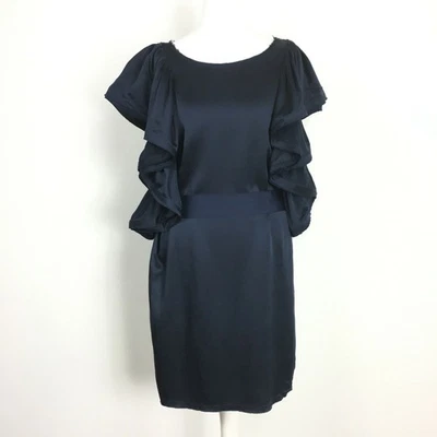 Lanvin H&M UK12 US8 EU38 2010 Hiver Dress Rare Dark Navy Blue Silk Ruffle Sleeve - Image 1 of 4