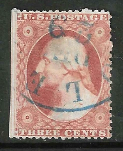 Sc #26 Blue Cancel Straddle Margin 3 Cent Washington 1857-1861 US 27B53 - Picture 1 of 2