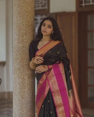 Feminino Banarasi puro macio Kanjivaram seda saree com blusa roupa de casamento saree - Imagem 1 de 4