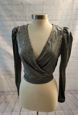 Kit & Sky Wrap Front Top Sparkly Silver Black Puff Shoulders Size Medium - Image 1 of 4