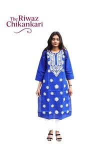 Royal Blue Cotton Chikankari Kurti for women | Handcrafted Lucknowi Embroidery - Picture 1 of 7