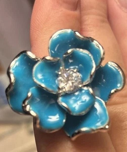 Fun Turquoise Flower Blue Enamel & Silver Faux Diamond Ring Costume Jewelry 9 - Picture 1 of 12
