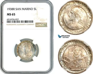 AK726, San Marino, 5 Lire 1938 R, Rome Mint, Silver, NGC MS65 - Picture 1 of 1