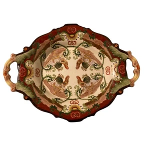 Vintage Hua Ping Tang Zhi Chinesisches Porzellan Hahn Henne 2 Henkeltablett Teller - Bild 1 von 4