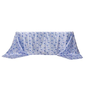 90" x 156" White Blue Floral Satin Rectangular Tablecloth Party Home Decorations - Picture 1 of 9