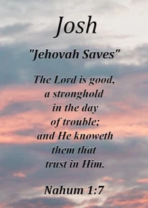 Josh "Jehovah Saves" Keepsake Name Meaning Card with Bible Verse - Picture 1 of 1