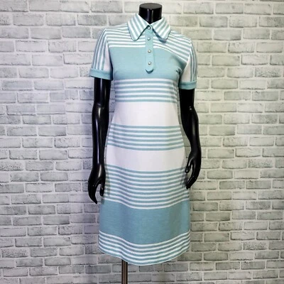 Vintage 70s Leslie Fay Womens M Turquoise White Striped Dbl Knit Poly Dress - Image 1 of 4