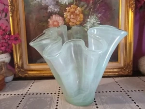 Large Murano Lavorazione Hand Blown Blue/Green Wavy Rim Art Glass Vase - Picture 1 of 9