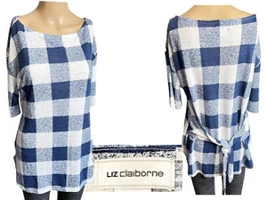 Liz Claiborne Sz M Shirt LinenX Blue/White Block Plaid Women Blouse Top Tie Back - Picture 1 of 7