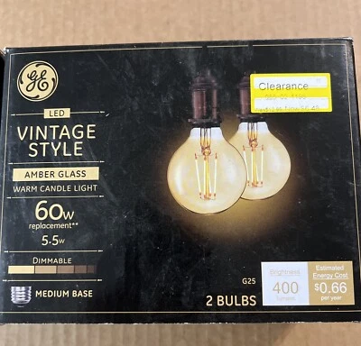 GE Vintage Style LED Light Bulbs G25 Medium Base 60W Amber Glass (2 Boxes) - Image 1 of 4