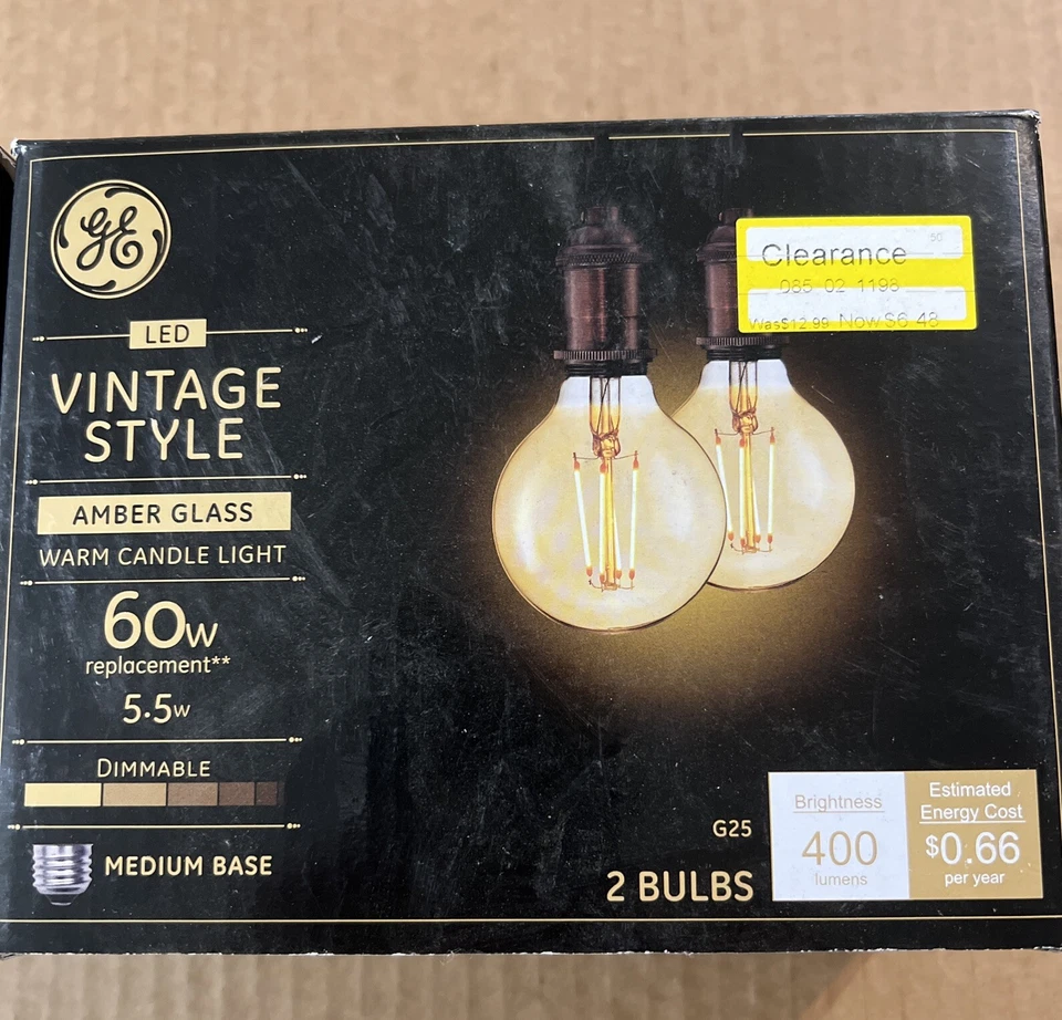 GE Vintage Style LED Light Bulbs G25 Medium Base 60W Amber Glass (2 Boxes) - Image 1 of 4