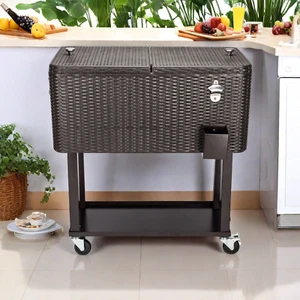 80QT Rolling Cooler Wicker Pattern Party Beverage Cart Camping Ice Chest w/Shelf - Picture 1 of 24