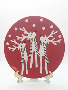 Crate & Barrel 12" Platter Plate Red w/Reindeer in Scarves Christmas Holiday - Picture 1 of 6