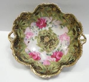 Vintage Porcelain Pottery 1890 Nippon 8" Green Bowl Pink Roses Hand Painted 3-b - Picture 1 of 11