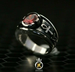 Ankh Rot CZ Silber Ring Altägyptisch Hieroglyphen Symbol Ankh Kreuz Ring - Bild 1 von 6