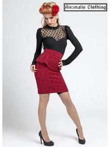 Bonsai Kitten Red Sugar Skull Peplum Skirt - Vintage Rockabilly Goth Psychobilly - Picture 1 of 6
