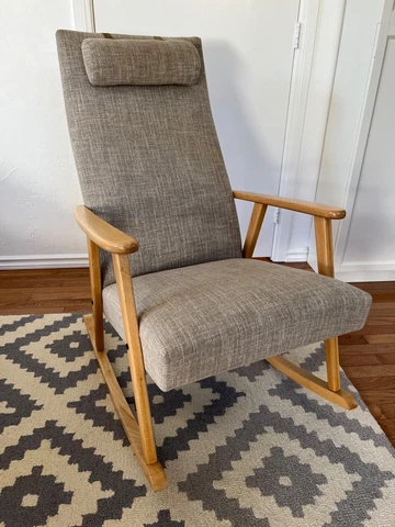 Mid Century Scandinavian Vintage Rocking Chair with gray upholstery & beech wood Cover