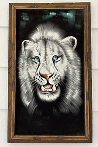 Black Velvet Lion Head Painting Signed Wood Framed Mexico Art 22 x13 - Picture 1 of 9