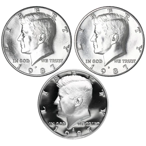 1987 P D S  Kennedy Half Dollar Year Set Proof & BU US 3 Coin Lot Cover