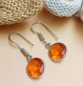Orange Faceted Topaz Glass 925 Sterling Silver Plated 1 Pair Hook Women Earring - Picture 1 of 3