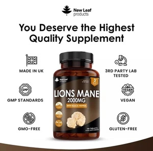 Lions Mane Extract Mushroom 2000mg - 180 High Strength Vegan Tablets UK Made - Picture 1 of 6