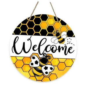 Welcome Spring Summer Bumble Bee Front Door Sign, Honeycomb Wood Door Hanger - Picture 1 of 7