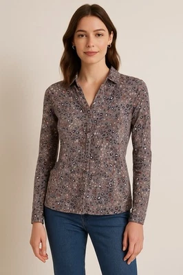 Top Boden Para Mujer Leopardo Abotonado Talla 2 Gris Estampado Leopardo Moderno Chic Neutro Foto 1 de 4