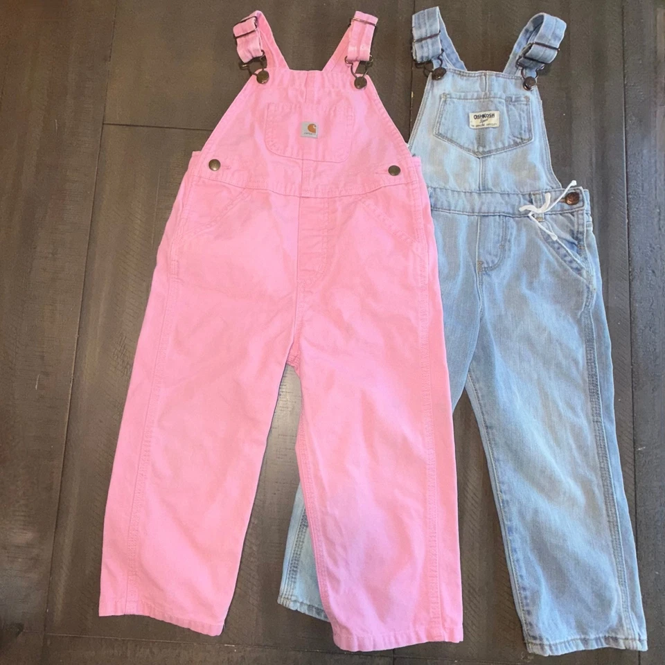 Lote de macacões jeans Carhartt rosa lona OshKosh B'gosh infantil tamanho 3T - Imagem 1 de 4