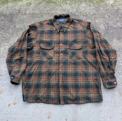 Camisa de Franela Pendleton Vintage XXL Larga Lana Cuello Lazo Marrón Verde Solapa Foto 1 de 4