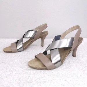ANYI LU Slingback Sandal Pumps Women 12 Silver Brown Open-Toe Strappy Heel Bella - Picture 1 of 9