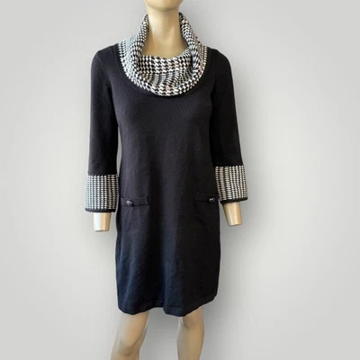 Jessica Howard Cowl Neck 3/4 Sleeves Knit Sweater Dress Size M Black Houndstooth - Image 1 of 4
