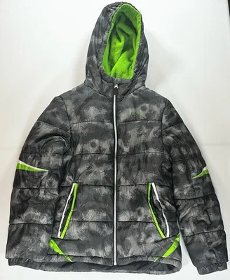 London Fog F.O.G. Chaqueta acolchada para niños talla 12 gris camuflaje verde neón con capucha Foto 1 de 4